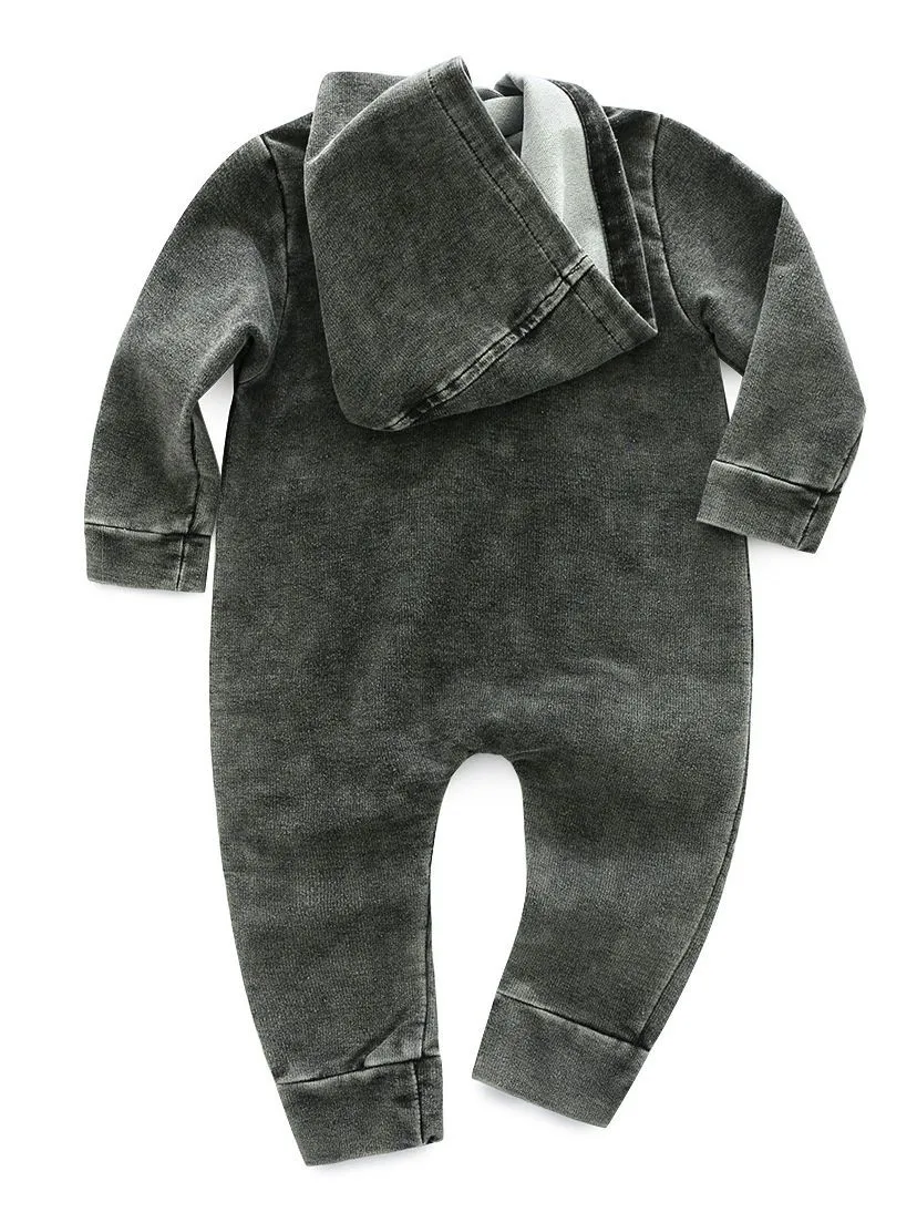 Zipper Style Bias Tape Baby Boy Denim Hooded Jumpsuit Coverall