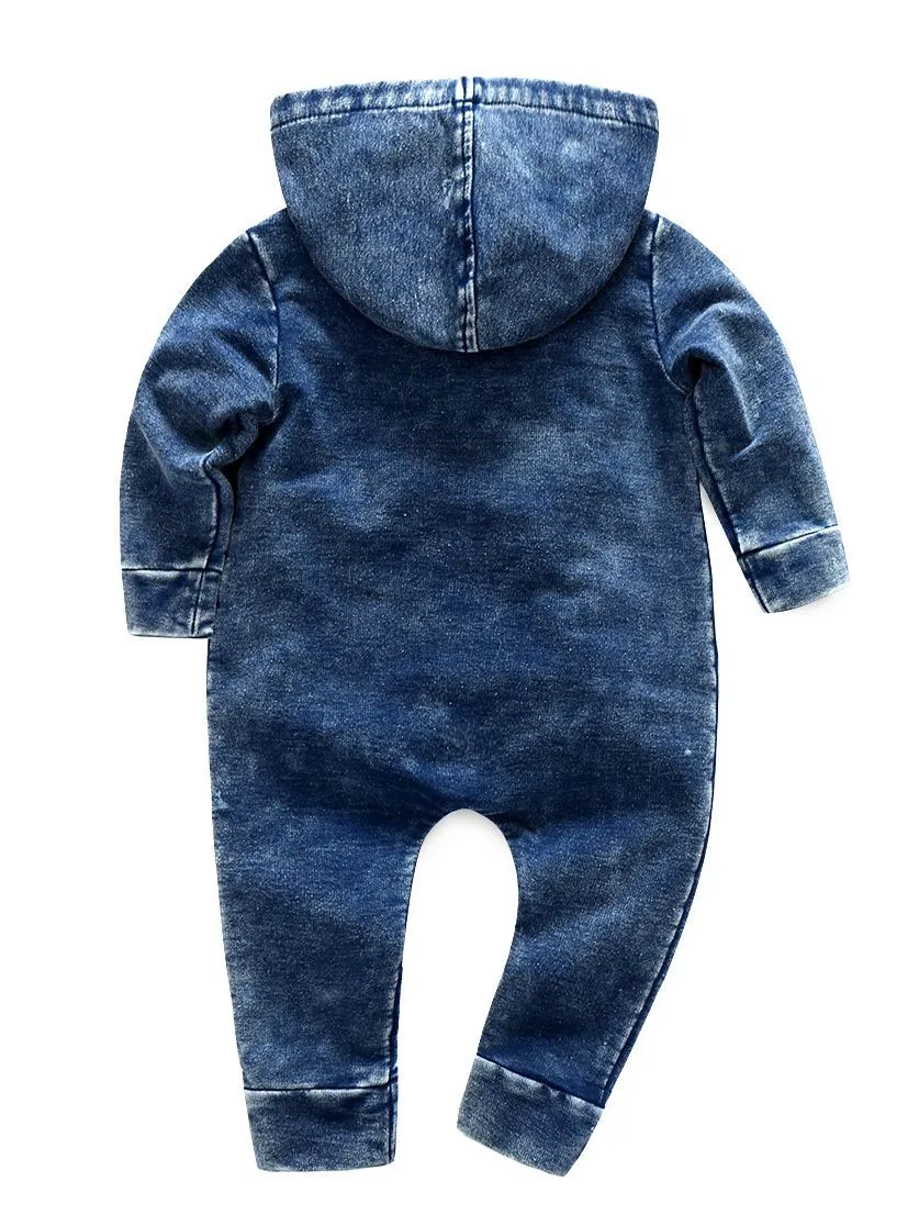 Zipper Style Bias Tape Baby Boy Denim Hooded Jumpsuit Coverall